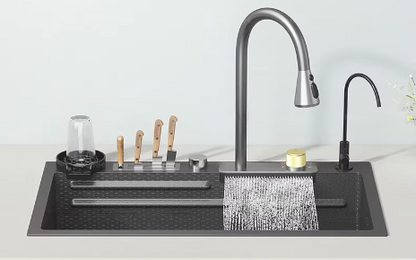 HOCuiz Multifunctional stainless steel kitchen sink with embossed waterfall, large single-slot dishwashing sinks for elegant kitchens