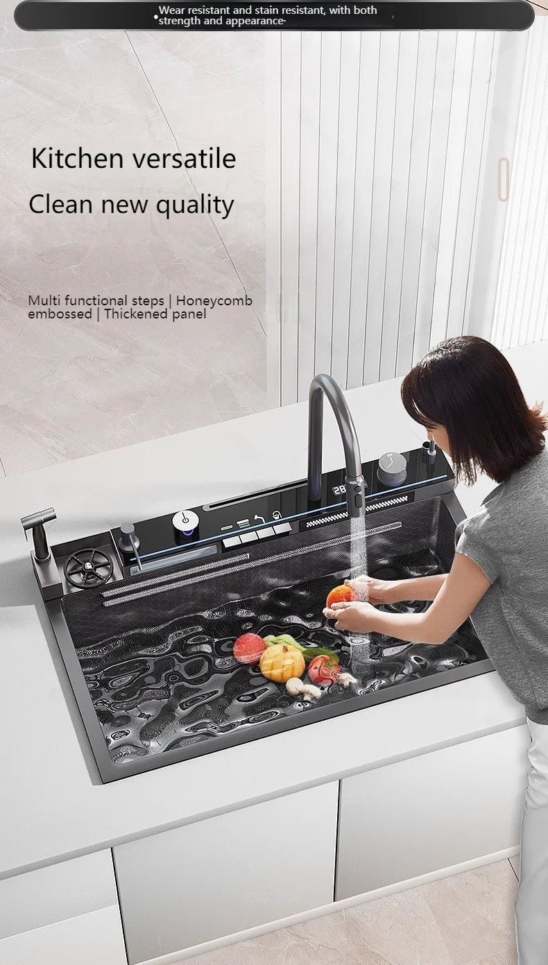 HOShark Waterfall Stainless Steel Kitchen Sink, Large Single Basin with Knife Holder, Multifunctional Dish Sink.