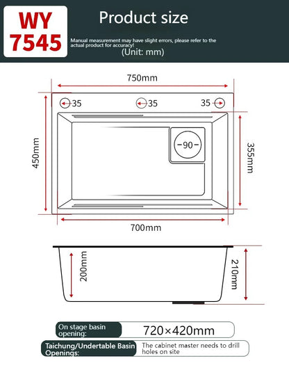 HOBos Stainless steel kitchen sink, thickened design, large domestic sink, single basin, built-in installation.